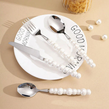 16pcs Pearl Tableware Set – Ceramic Handle Cutlery | Elegant Wedding & Home Dinnerware | NaturalBuiltHome
