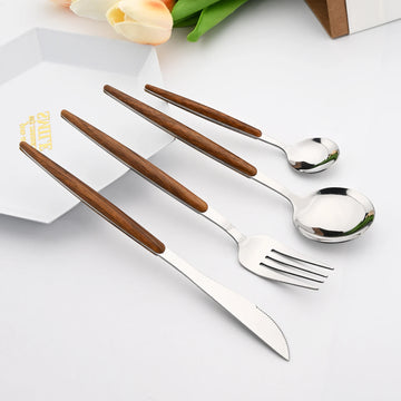 24Pcs Brown Silver Cutlery Set – Stainless Steel Dinnerware with Imitation Wooden Handle | Knife, Fork & Spoon Flatware Set | NaturalBuiltHome