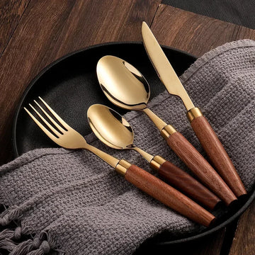 4pcs Wooden Handle Cutlery Set – Stainless Steel Knife, Fork, Spoon & Teaspoon | NaturalBuiltHome
