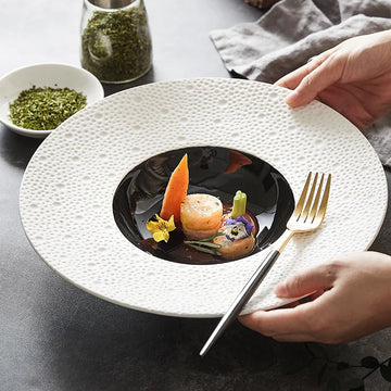 Creative Ceramic Western Food Noodle Soup Straw Hat Plate Luxury Black and White Home Round Fruit Salad Dessert Plate Tableware