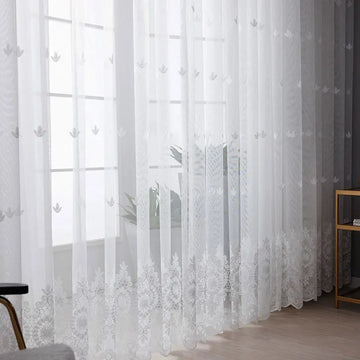 Embroidered Floral White Tulle Window Screen Curtain for Living Room Bedroom Luxury Sheer Voile Curtain Blind Drapes Door Decor