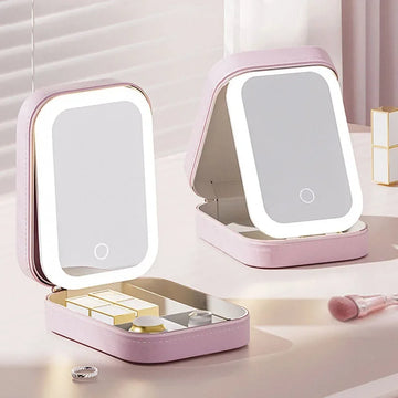 LED Makeup Mirror with Jewelry Storage – Foldable Organizer with Adjustable Light & Integrated Box | Naturalbuilthome