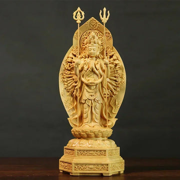High Quality 20cm Boxwood Thousand-Hand Guanyin Carving Sculpture Home Decor