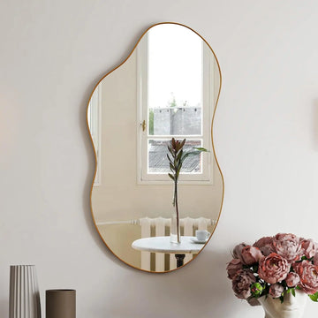 SHYFOY Irregular Wall Mirror Decorative, 20x36" Antique-Gold Mirror Wavy Accent Mirrors Asymmetrical Abstract Mirrors