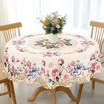 1 Piece Floral Round Tablecloth, 5 Sizes Available, Rose Flower Pattern Printed Tablecloth, Edge Embossing Process, Spring Garden Tablecloth Decoration, Tablecloth for Daily Home Kitchen, Terrace, Home Decoration, Spring Deco