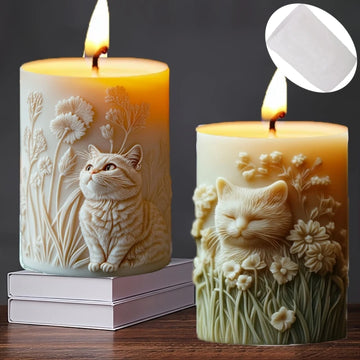 Cute Cat Relief Cylinder Candle Silicone Mold Pet Cat Flower Plant Relief Cylinder Resin Mould Cats Relief Cylinder Gypsum Molds