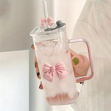 13Oz Square Glass Cups with Lids and Straws,Heat Resistant Glass Tumbler with Handle Bow Knot Transparent Drinking Glasses for W