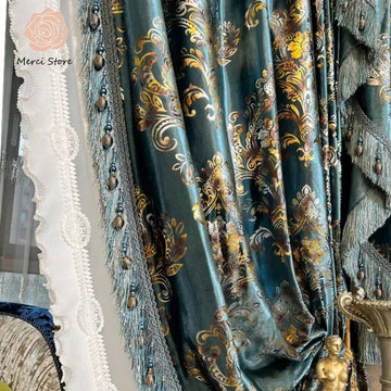 European Blue Velvet Embroidered Baroque Tulle Valance Curtains for Living Dining Room Bedroom Custom Thermal Insulated Drapes