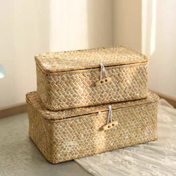 1PC Seagrass Basket Handmade Wicker Woven Storage Finishing Basket with Lid Bath Cosmetic Towel Container Decor Storage Boxes