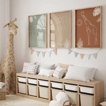 3pcs Boho Safari Line Art Kids Bedroom Nursery Poster Lion Elephant Giraffe Jungle Animals Minimalist Canvas Painting Wall Art
