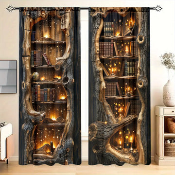 2pcs Tree Hole Bookshelf Printed Curtain - Artistic Home Decoration Curtains, All Season Decorative Curtains