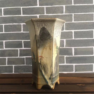 Hand Carved Bonsai Pot with Base, Ceramic Cymbidium Plant, Cylinder Shape, Traditional Chinese Garden Decoration
