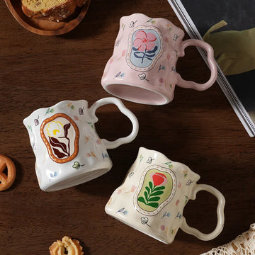 Dreamy Flower Clusters Handheld Ceramic Mug Good-looking Stylish Handpaint Souvenir Irregular Relief Breakfast Coffee Water Cup