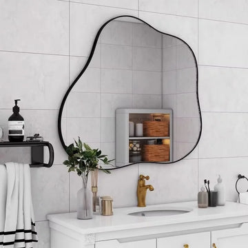 Stylish Irregular Wavy Mirror Black Asymmetrical Metal Framed Wall Accent Mirror for Bedroom