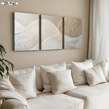 Modern Minimalist Beige, White, Gray & Brown Abstract Canvas Painting - Three Wooden Frame Wall Art with Flat Panel Design, Neut
