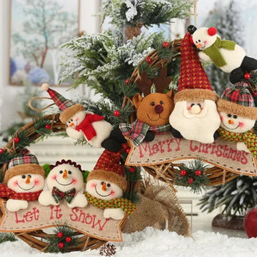 Christmas Fabric Rattan Pendant Old Man Snowman Elk Vine Ring Pendant Rattan Wreath Ornaments Festive Party Decorations Widgets