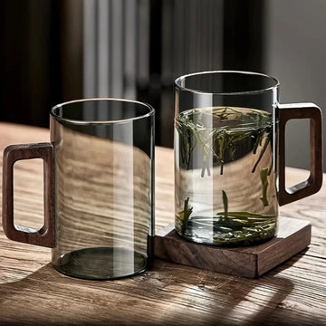 1/2pcs 400ml Glass Cups with Walnut Handle Household Heat-resistant Mug Large Capacity Tea Making Cup Office Drinking Glasses