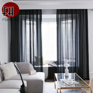 Solid Black Chiffon Sheer Curtains for Living room Window Curtains Modern Organza Tulle Curtains for Bedroom Partition Drapes