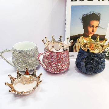 Sparkling Rhinestones Ceramic Mug with Crown Lid Cute Coffee Mug Milk Tea Cup Luxury Creative Water Mugs Bling Gift
