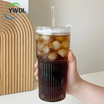 600ml Stripe Glass Cup with Lid And Straw Transparent Milk Tea Juice Cup Drinking Glasses Ice Water Coffee Mug Bar Drinkware