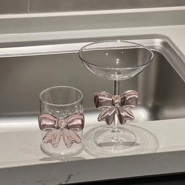 Pink Big Bow Glass Cup Goblet Mug Drink Milk Coffee Cup Ice Cream Dessert Glasses Wine Champagne Whiskey Cups Drink Cup