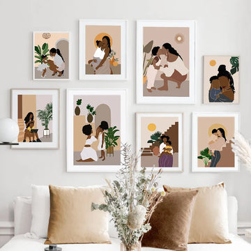Child And Mom Canvas Painting Wall Art Mural Boho Abstract Black Women Son Girl Poster Print Wall Picture Living Room Home Decor