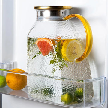 1.8L/60oz Glass Water Jug with Handle and Lid Refrigerator Water Jug for Cold and Hot Water Iced Tea Juice Coffee Milk Beverages