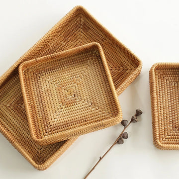 Handwoven Rattan Storage Basket Square Wicker Tray Containers Bread Picnic Food Plate Fruit Cake Sundries Box