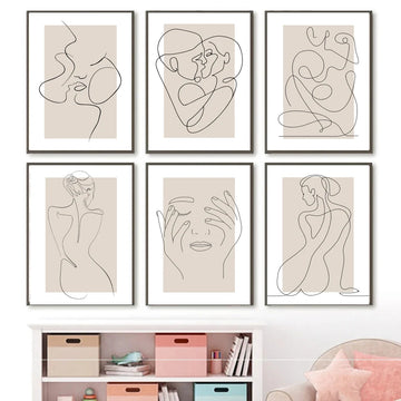 Abstract Line Girl Flower Leaf Wall Art Beige Nordic Posters And Prints Wall Pictures for Living Room Decoration Wall Painting