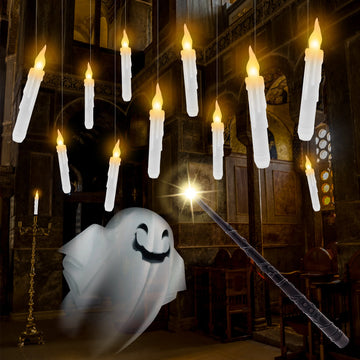12 Pcs Floating Candles with Magic Wand Flickering Warm Light LED Flameless Candle Taper Candles for Christmas Halloween Party