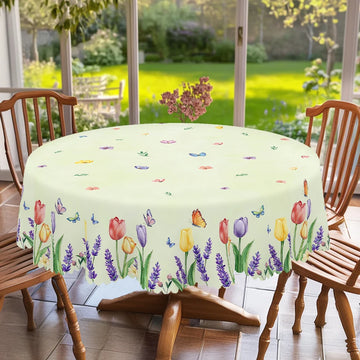 1 Piece Floral Round Tablecloth, 5 Sizes Available, Tulip Lavender Butterfly Pattern Printed Tablecloth, Edge Embossing Process, Spring Garden Tablecloth Decoration, Tablecloth for Daily Home Kitchen, Terrace, Spring Decorati