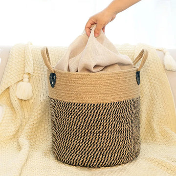 Jute Woven Storage Basket With Handle Cotton Rope Storage Basket Toy Sorting Dirty Clothes Basket Book And Toy Sorting Box