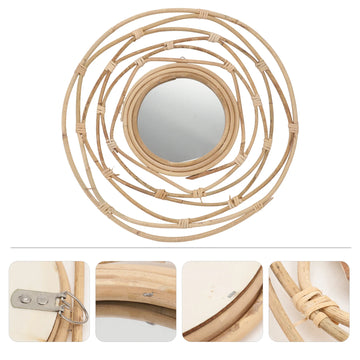 1Pc Willow Weaving Wall-mounted Mirror Home Decorative Makeup Mirror Khaki