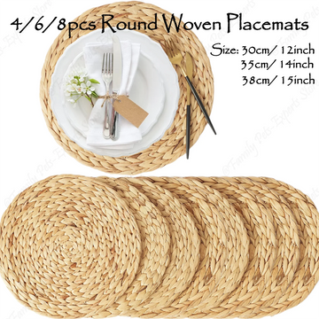 4/6/8Packs Woven Placemats Round Natural Water Hyacinth Table Mats Handmade Heat Resistant Non-Slip Weave Cup Mats for Dinning