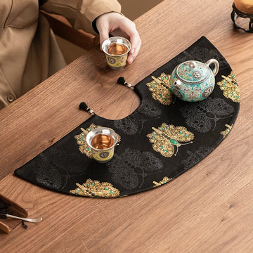 Tea Mat Chinese Retro Black Gold Butterfly Fan-shaped Table Mat Woven Brocade Jacquard Double-sided Tea Flag