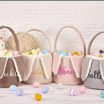 Personalized Embroidered Name - Easter Corduroy Bunny Tote Basket - Cute Rabbit Ears Large Capacity Candy Storage Basket
