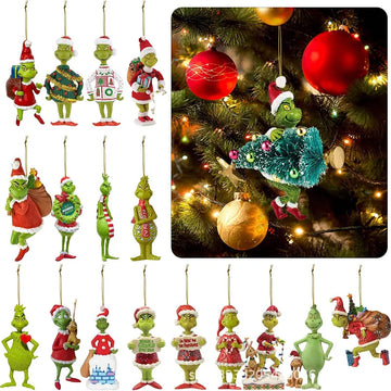 18Pcs 2D Acrylic Christmas Tree Green Monsters Ornaments Funny Xmas Tree Hanging Decor Christmas Party Supplies