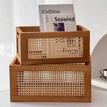 Retro Solid Wood Storage Box Desktop Rattan Basket Livingroom Sundries Book Snacks Fruit Cosmetics Organizer Boxes Home Decor