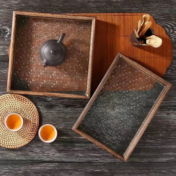 Wooden Glass Food Tray Tea Tray Walnut Storage Tray Restaurant Kitchen Accessories Fruit Snack Dessert Decoration Tray