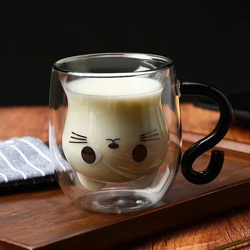 Cute Cat Mugs Double Vacuum Cute Tea Cups with Handle 250-300ml Insulated Glass Cat Coffee Mug for Cat Lovers Women Wife Mum