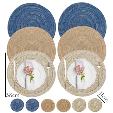 1/12pcs Round Braided Placemats 15inch Washable Table Mat with Heat Insulation Coaster for Dinner Gathering Party Kitchen-Table