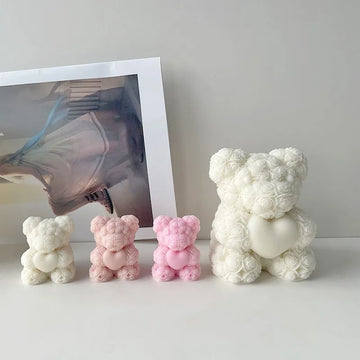 Valentine's Day Love Rose Bear 3D Candle Silicone Mold DIY Bears Handmade Soap Plaster Aroma Candle Mold Home Decor Crafts