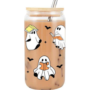 1Pcs Cute Ghost Water Cup Halloween Gift for Book Lovers Iced Coffee Tumbler Cup W/Lid Straw Table Accessories Librarian Gift
