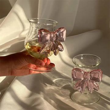 Pink Bowknot Series Glasses Cup Korean Style INS Bow Handle Goblet Glass Cup Romantic Ritual Champagne Wine Glass