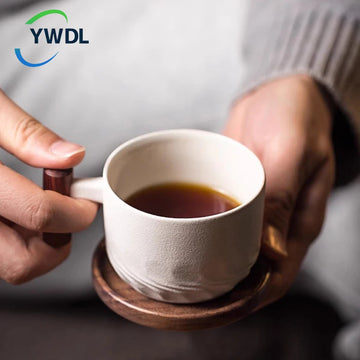 130ml Ceramic Coffee Mug With Wooden Handle Heat-resistant Kungfu Teacup With Coaster Kungfulatte Cappuccino Espresso Cup