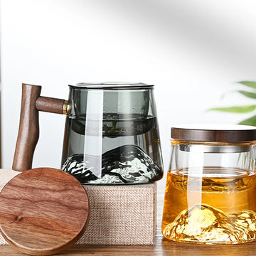 400ml Glass Tea Cup Chinese Far Mountain Design High Borosilicate Glass Tea Cup Walnut Anti Scald Handle Thickened Cup