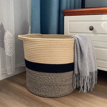 Hand-Woven Cotton Rope Basket Large Capacity Round Pot Holder Indoor Storage Basket For Store Plants Toys Clothes Japanese Style
