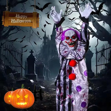 Halloween Animatronic Hanging Decoration Animated Talking Scary Clown with Chain Red Eyes Sound &Touch Activated Electric Horror