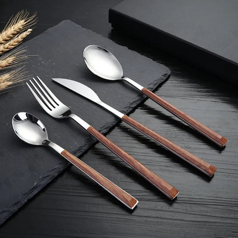 16pcs Stainless Steel Cutlery Set with Imitation Wood Handles – Knife, Fork, Spoon & Teaspoon Dinnerware | NaturalBuiltHome