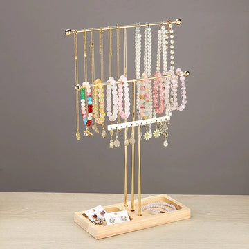 3-Layer Metal Jewelry Stand with Wooden Base – T-Shaped Necklace, Bracelet & Earring Holder | NaturalBuiltHome